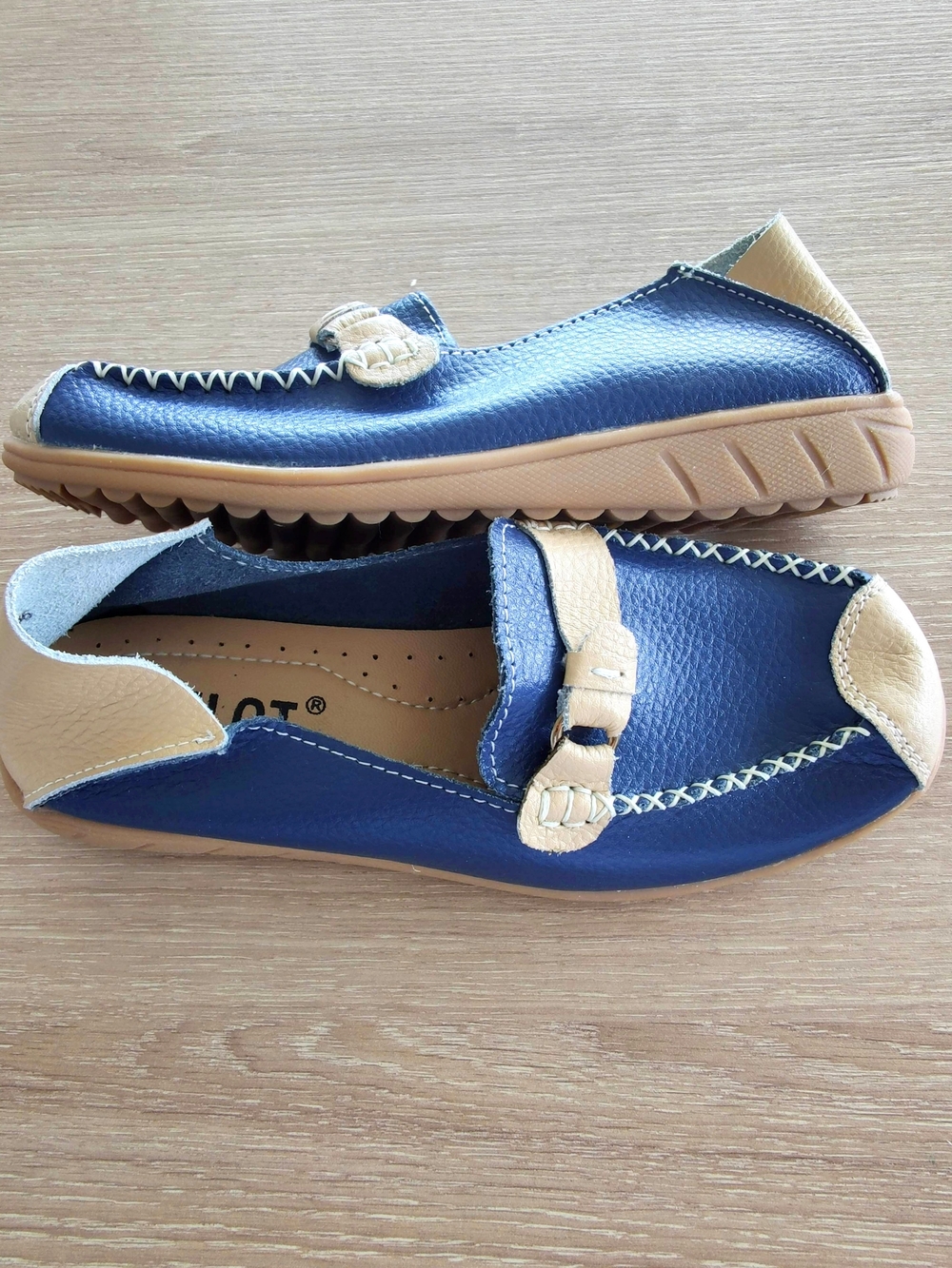 NEW Genuine Leather Slip-On Loafers – Blue & Beige – Women's US 5 / EU 36